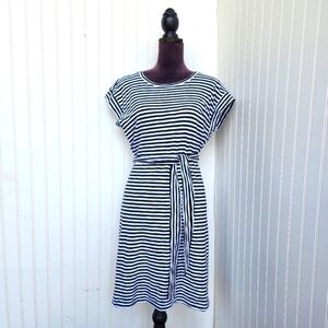J. CREW Short Sleeve Black White Striped Dress Tie Waist Cotton Stretch Sz M